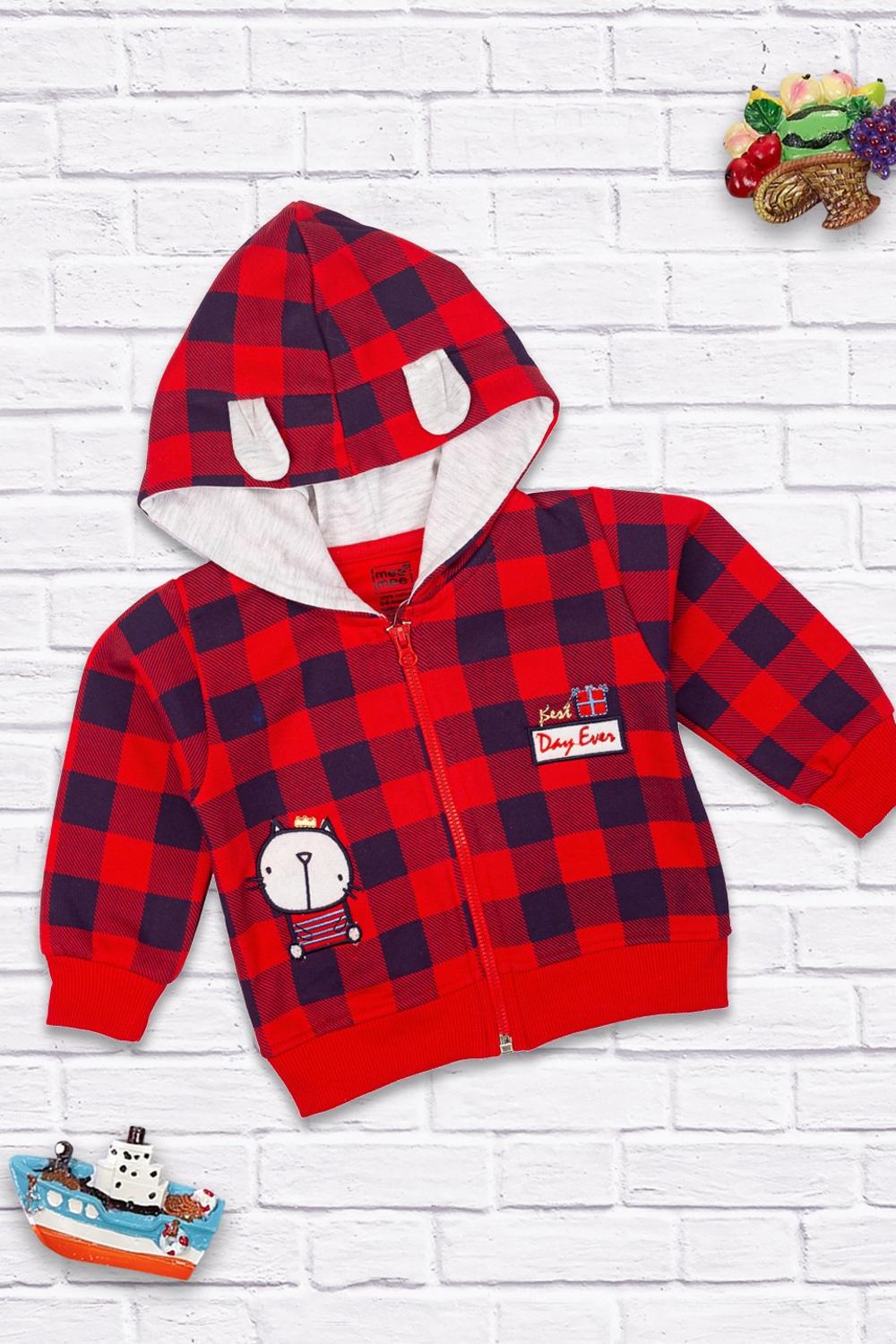 Mee Mee Full Sleeves Hooded Sweatshirt in checks Print - Red